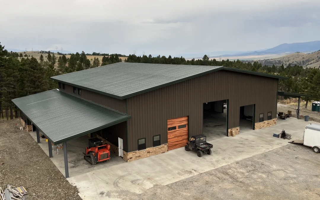 80x80 steel workshop with covered lean-to porch in Townsend, MT